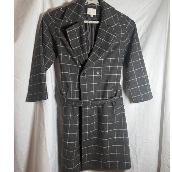 a new day Jackets & Blazers - A New Day Plaid Long Coat Large Gray Windowpane Belted Double Breasted